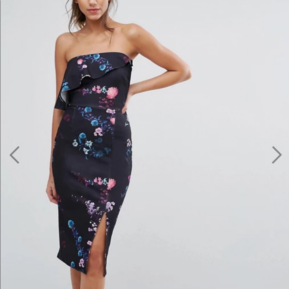 Bandeau Midi Dress in Dark Floral with Overlay
